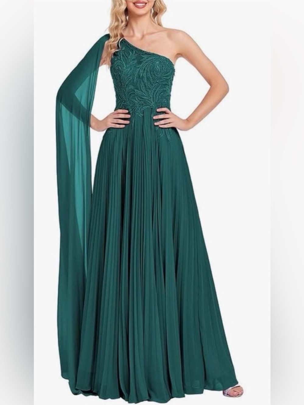 Elegant embellished One-Shoulder Emerald Green Evening Gown Sz 14
